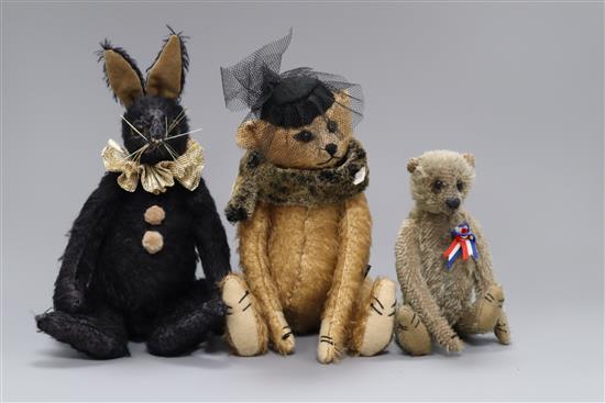 Three Burlington Bearties artist pieces, rabbit, and two bears
